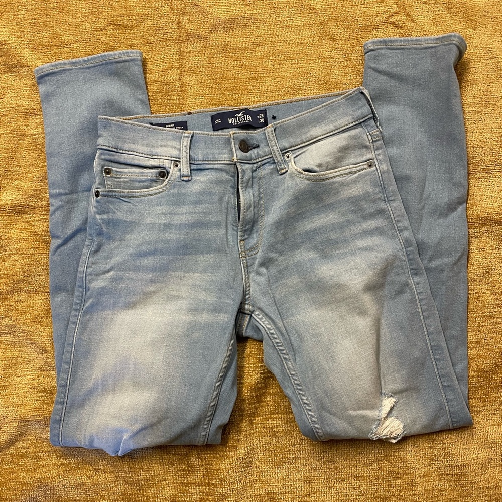 Hollister advanced stretch, light wash, distressed skinny jeans